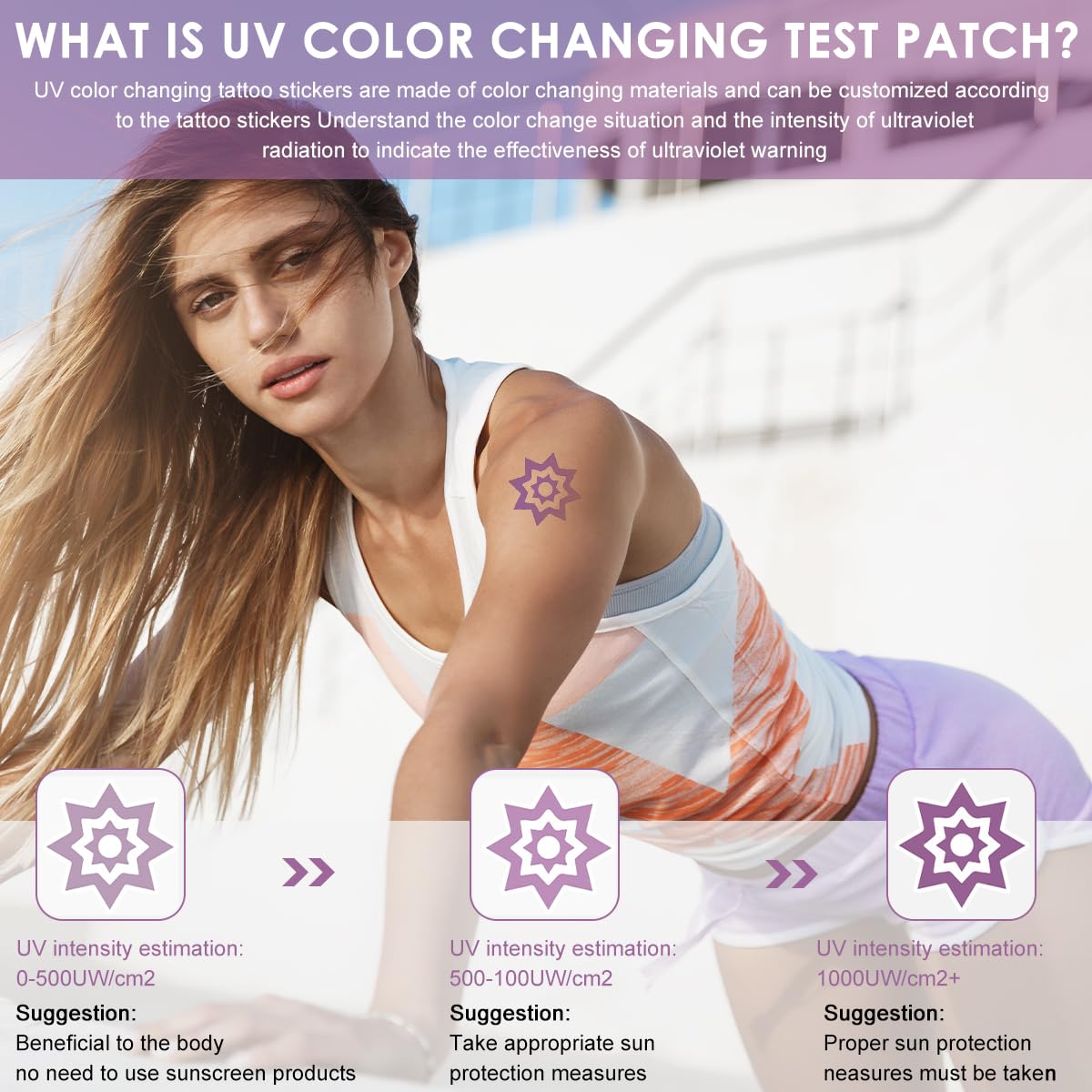 MAYCREATE UV Test Skin Stickers for Sun Safety with Color Changing Sensor | 6 Sheet Waterproof Cartoon Tattoos