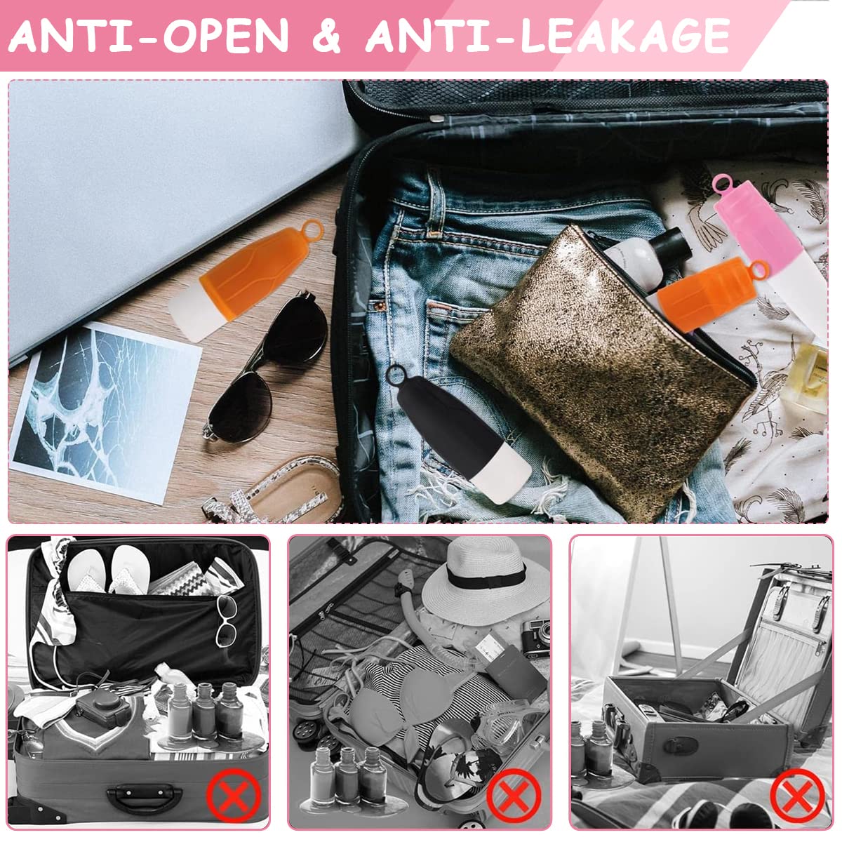 MAYCREATE 8pcs Elastic Sleeves for Leak Proofing Travel, Silicone Travel Container Leakproof Sleeve with Loop Handle, Reusable Cover for Toiletries Bottles