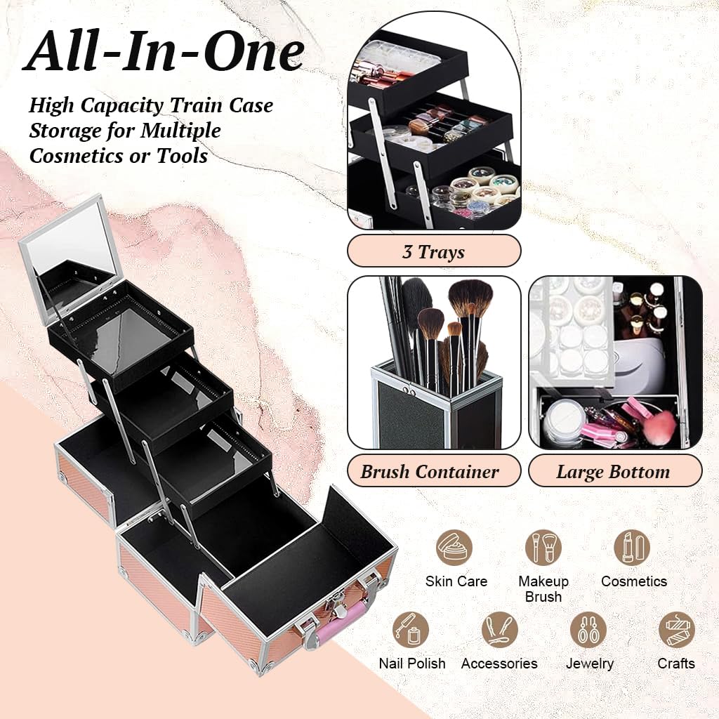 MAYCREATE Makeup Organizer Suitcase for Travel with 3 Layer Stackable Drawers and 9.8x7x9.25 in Aluminum Build | Includes Mirror and Brush Holder