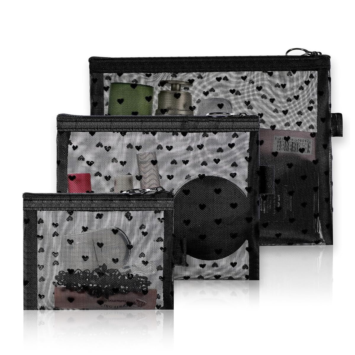 MAYCREATE Cosmetic Bags 3pcs Mesh Makeup Pouches with Zipper for Travel | Heart Print Design