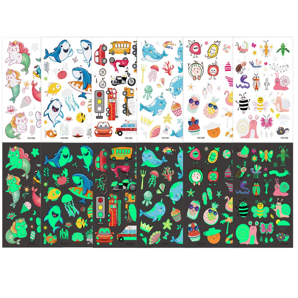 MAYCREATE Temporary Tattoos for Kids with 16 Sheets 7.6×12cm | Waterproof Night Glow Stickers