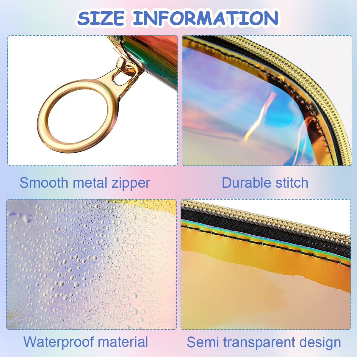 MAYCREATE Cosmetic Bag Zipper Makeup Pouch TPU, Semi-Transparent Holographic Travel Toiletry Bag Makeup Organizer Bag Cosmetic Storage Bag, Multi-Use Pencil Pouch for Girls