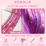 MAYCREATE Hair Tinsel Clip in Glitter Extensions 12PCS 20.5in with Secure Clips for Women and Girls | Pink Shiny Strands for Festival Party Cosplay