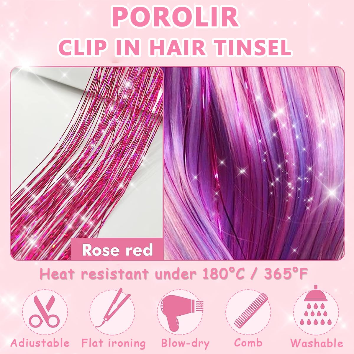 MAYCREATE Hair Tinsel Clip in Extensions with Secure Clips 18PCS 20.5in Pink Strands for Parties and Daily Wear