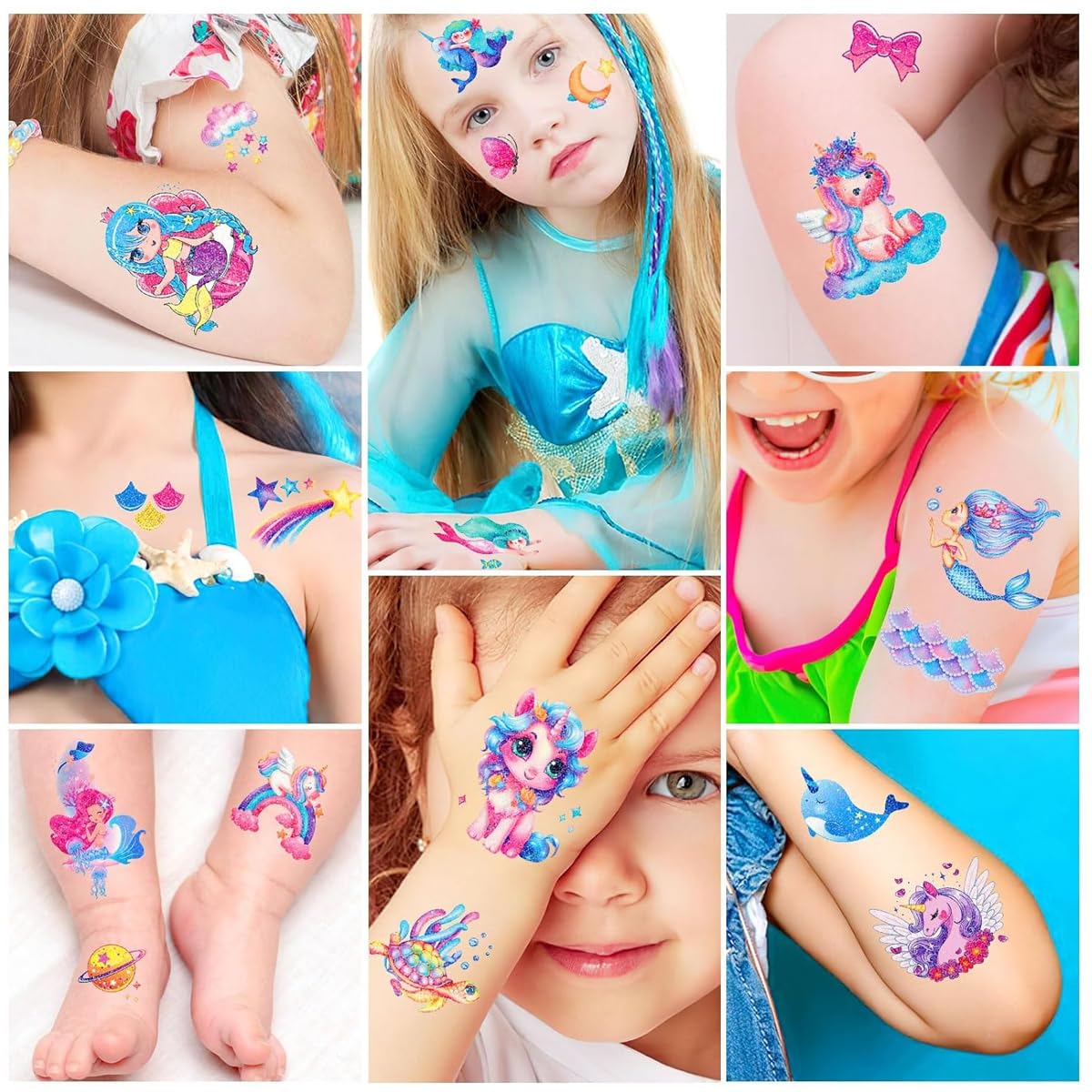MAYCREATE Temporary Tattoo Stickers for Kids with Waterproof Design and 4 Sheet Set | Cute Mermaid Party Makeup Tattoos
