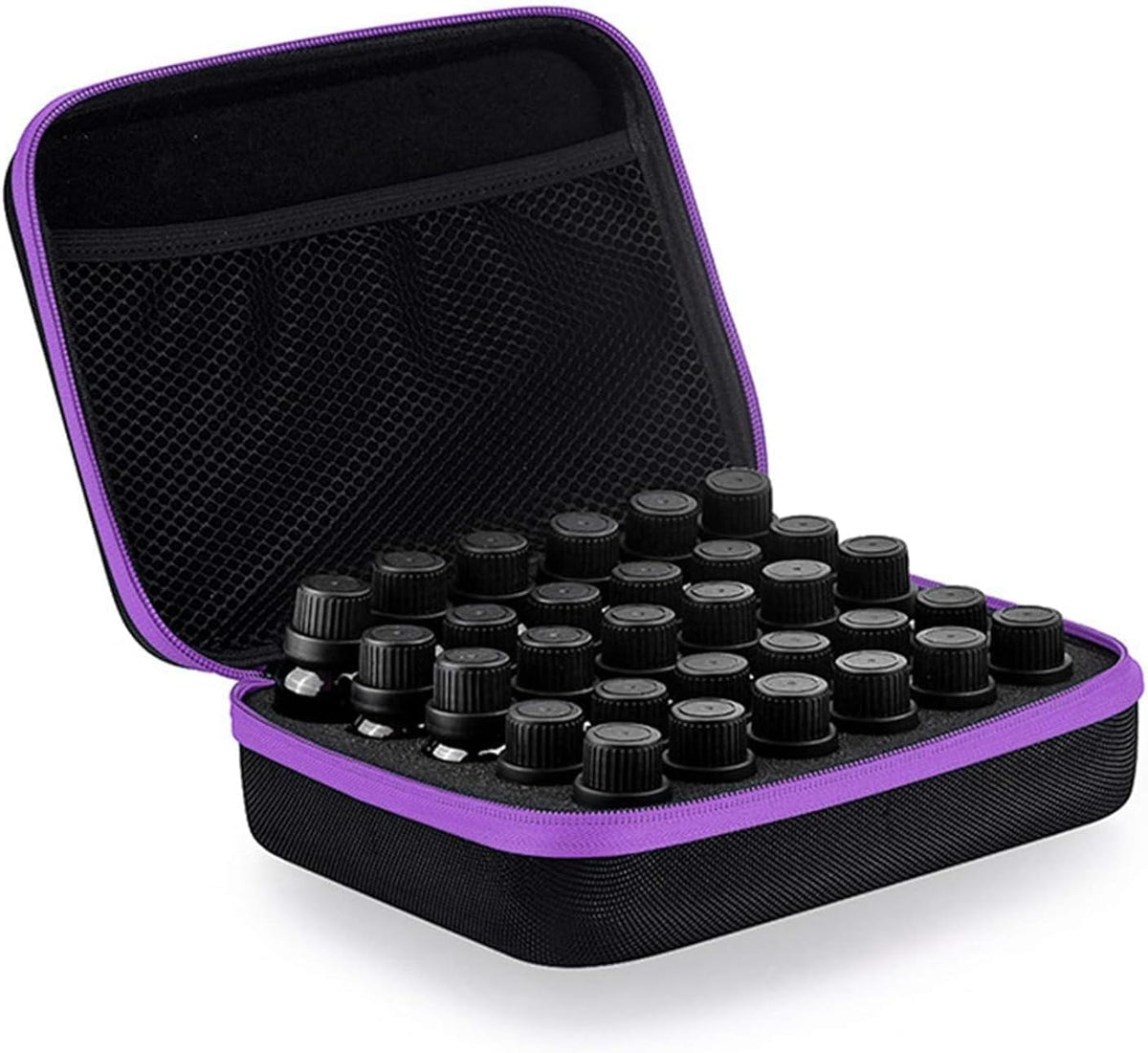 MAYCREATE® 30-Slot Essential Oil Carrying Case EVA Essential Oil Bottle Organizer Bag, Hard Shell Travel Storage Organizer for 5ml 10ml 15ml Bottles, with Foam Insert and Mesh Pocket, 22x17.5x7cm