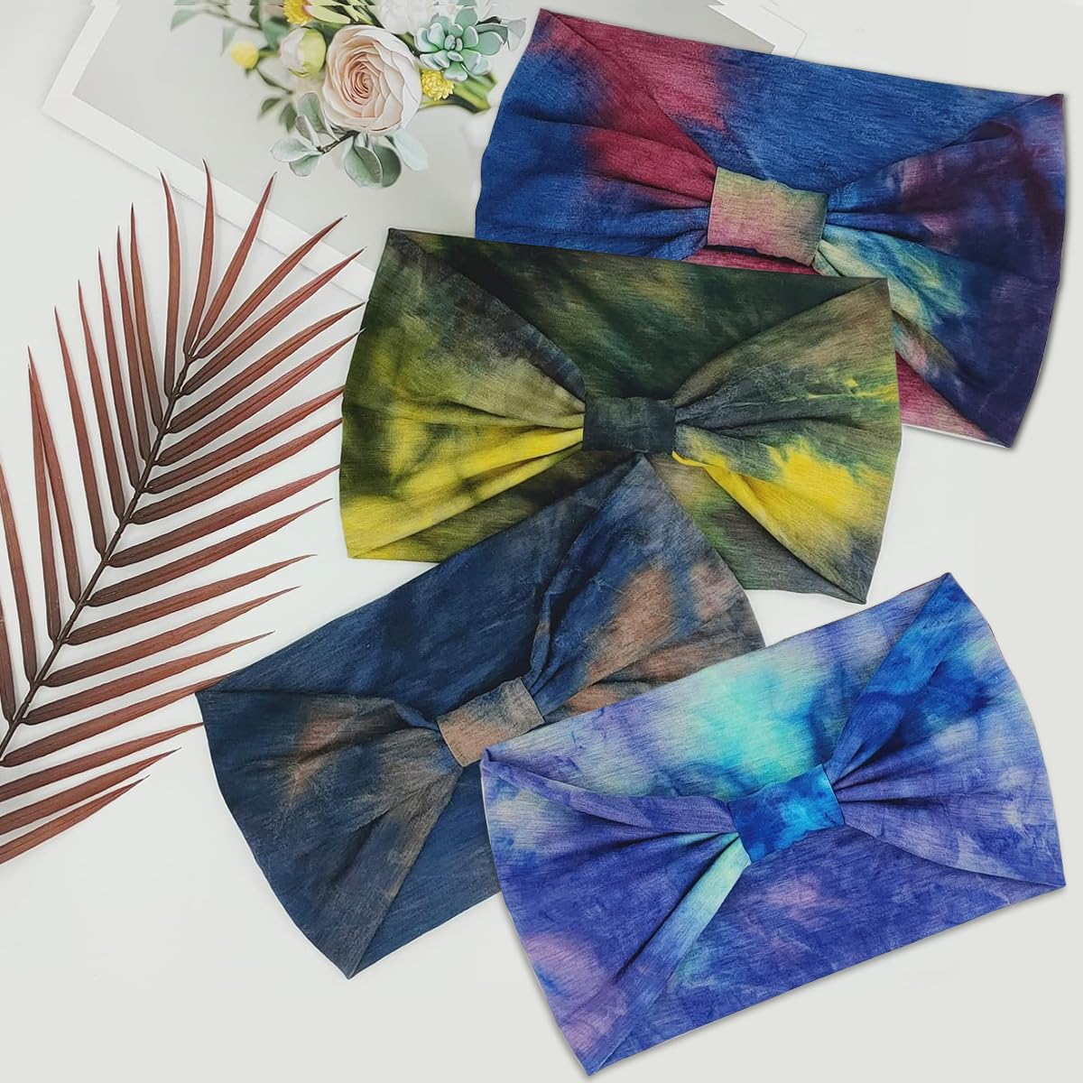 MAYCREATE 4 Pack Wide Headband for Women, Stretchy Knotted Head Bands for Women, Polyester Tie-dye Print Hairband for Women Ladies, Stylish Hair Bands Yoga Sweatband Sports Head Wraps