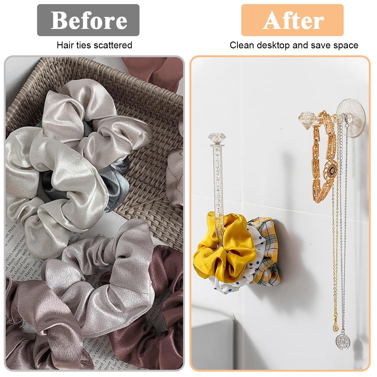 MAYCREATE 4Pcs Headband Holder Stand Scrunchie Organizer, Acrylic Clear Glitter Adhesive Scrunchy Holder Scrunchie Tower Storage Wall Hook for Women Girl Headband Bracelet Necklace