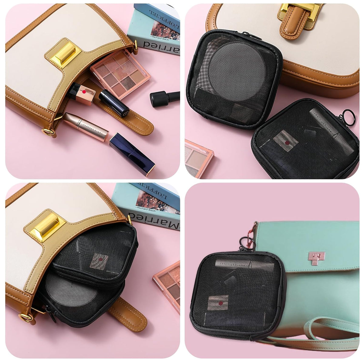 MAYCREATE 4Pcs Small Pouches, MAYCREATE Pouch Purse, Mesh Makeup Women Pouches, 4.7'' Square Lipstick Pouches Small for Women, Zipper Cosmetic Cash Pouch Accessories Organizer Bag (Black)