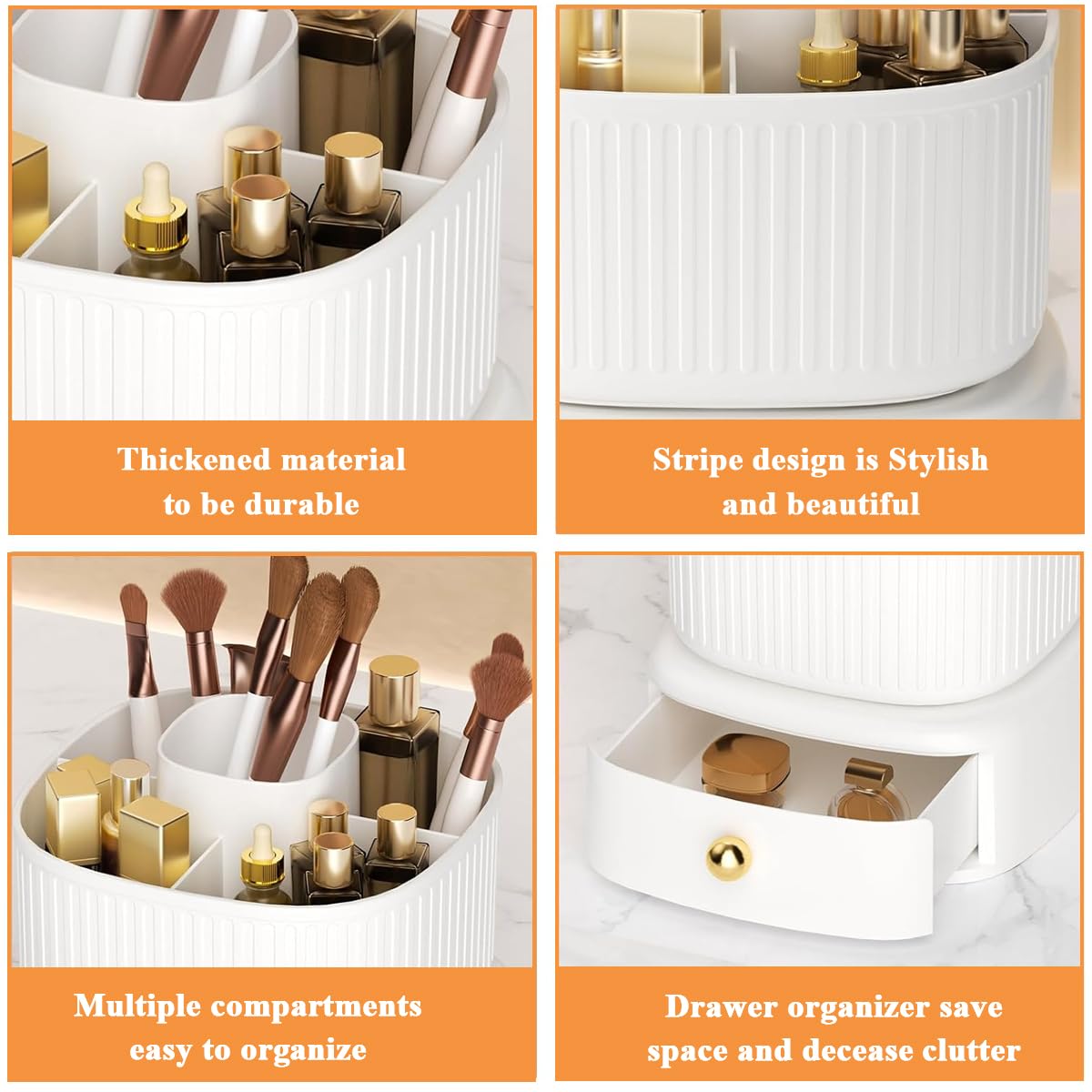 MAYCREATE Makeup Organizer Box Stand, 360° Rotating Makeup Brush Holder with Drawer, Ivory Cosmetics Display Case Skincare Storage for Vanity Desktop, Bathroom