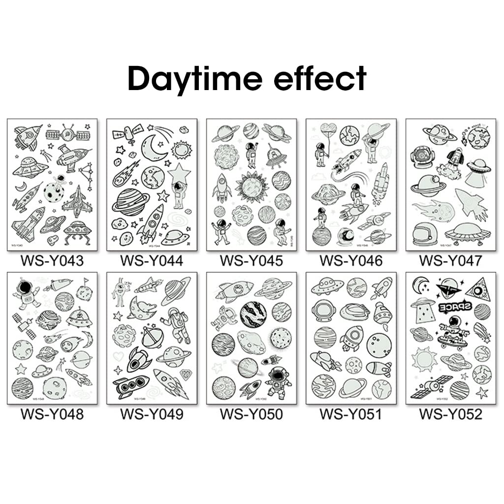 MAYCREATE 10 Sheet Kids Tattoo Sticker Night Glowing Tattoo Sticker, Cartoon Space Theme Sticker Waterproof Temporary Tattoos for Birthday Parties, Group Activities, Cartoon Tattoo Sticker