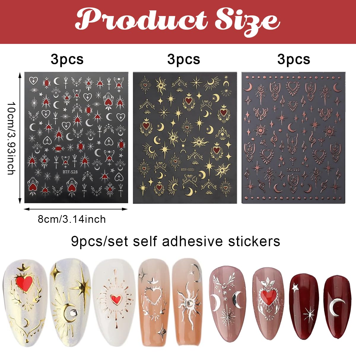 MAYCREATE 3D Nail Art Decal Stickers for DIY Manicure with Self Adhesive Design | 9 Sheet Plastic Set