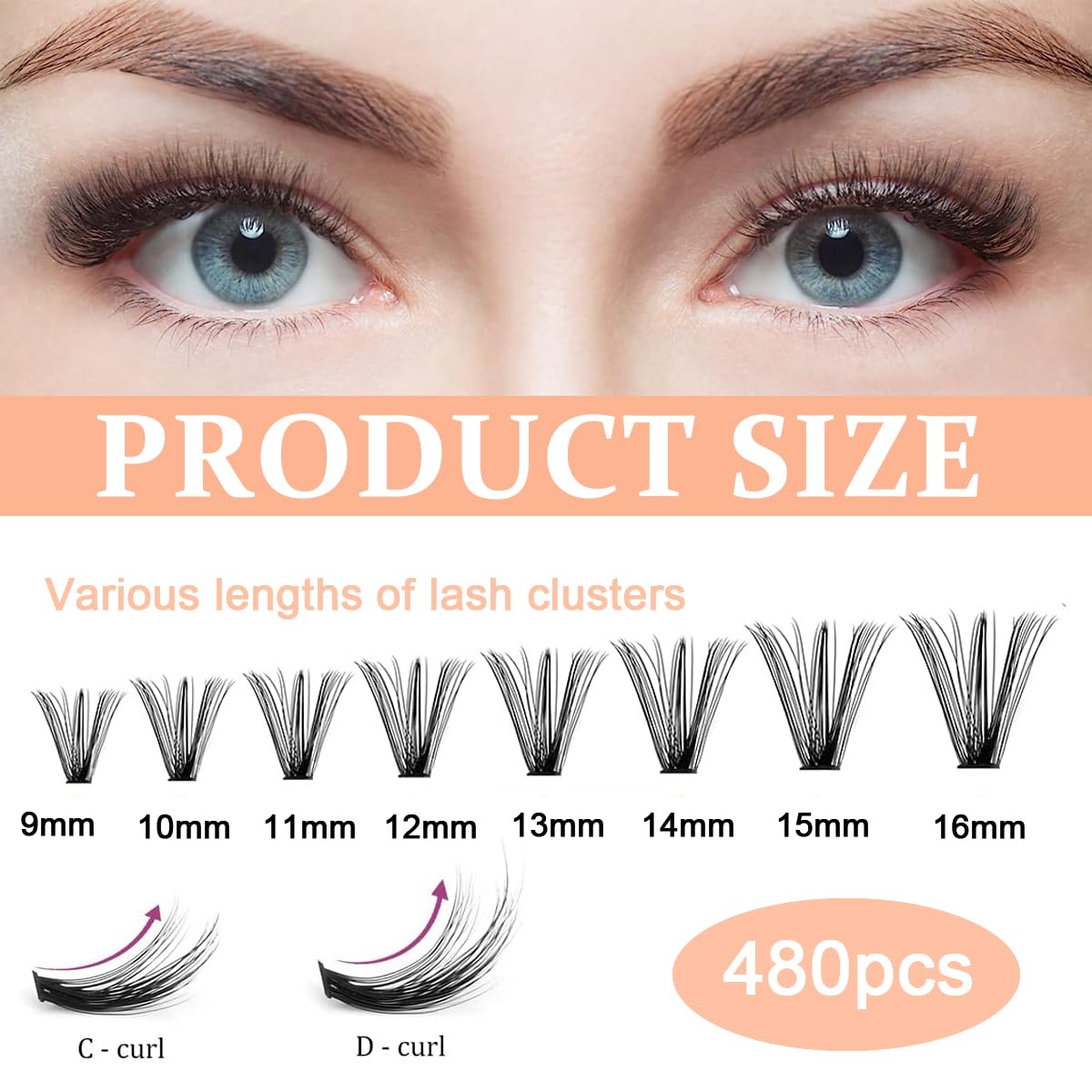 MAYCREATE 480PCS Lash Clusters DIY Eyelash Extensions, Lash Clusters 9-16mm Mixed D Curl Individual Eyelashes Clusters Wispy DIY Eyelash Extension Thin Band & Soft