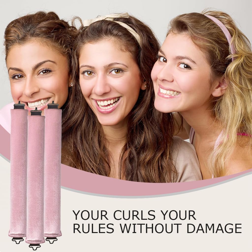 MAYCREATE Heatless Hair Curlers Set for Overnight Styling with Dual Hook & Satin Headscarf | 3pcs Pink Curling Rods for Women