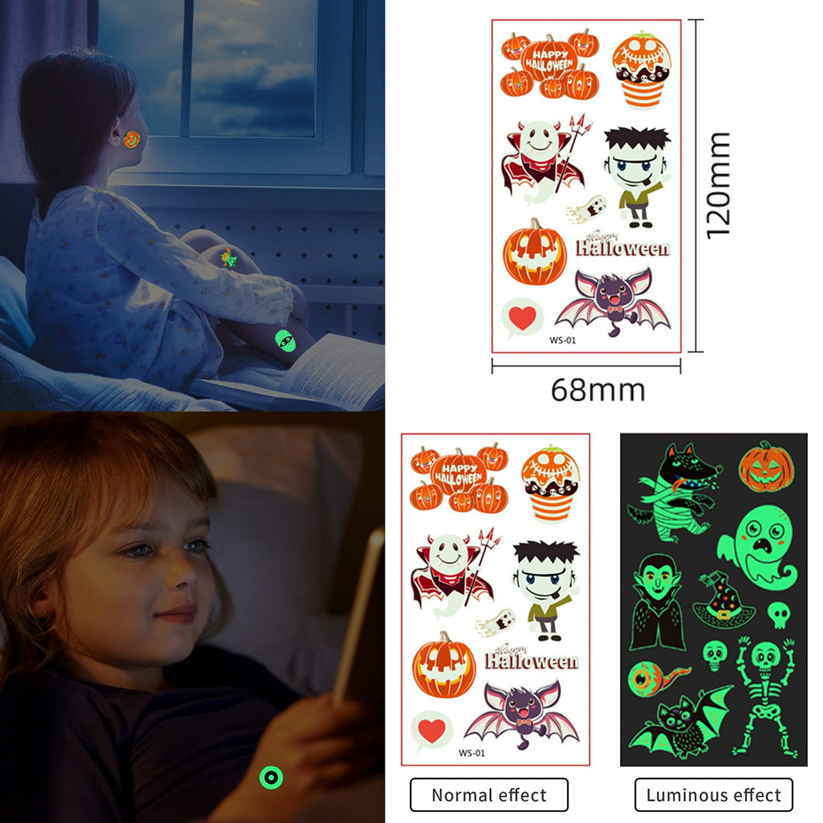 MAYCREATE 10 Sheets Halloween Cartoon Temporary Tattoo Sticker Night Glow Sticker,Halloween Decoration Sticker for Boys Girls Halloween Party