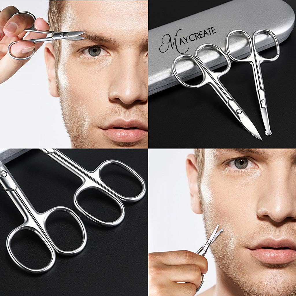 MAYCREATE Nose Scissors Set for Beard and Moustache Trimming with Bent and Round Tips | 2pcs Stainless Steel Silver Grooming Kit