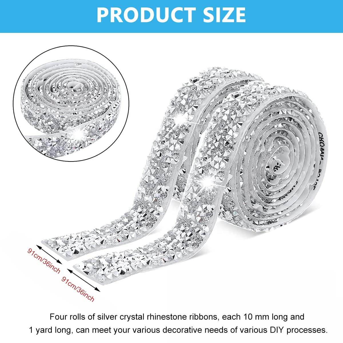 MAYCREATE Self Adhesive Rhinestone Strips for DIY Crafts with 4 Rolls 10mm Sparkling Resin | Silver Crystal Decoration
