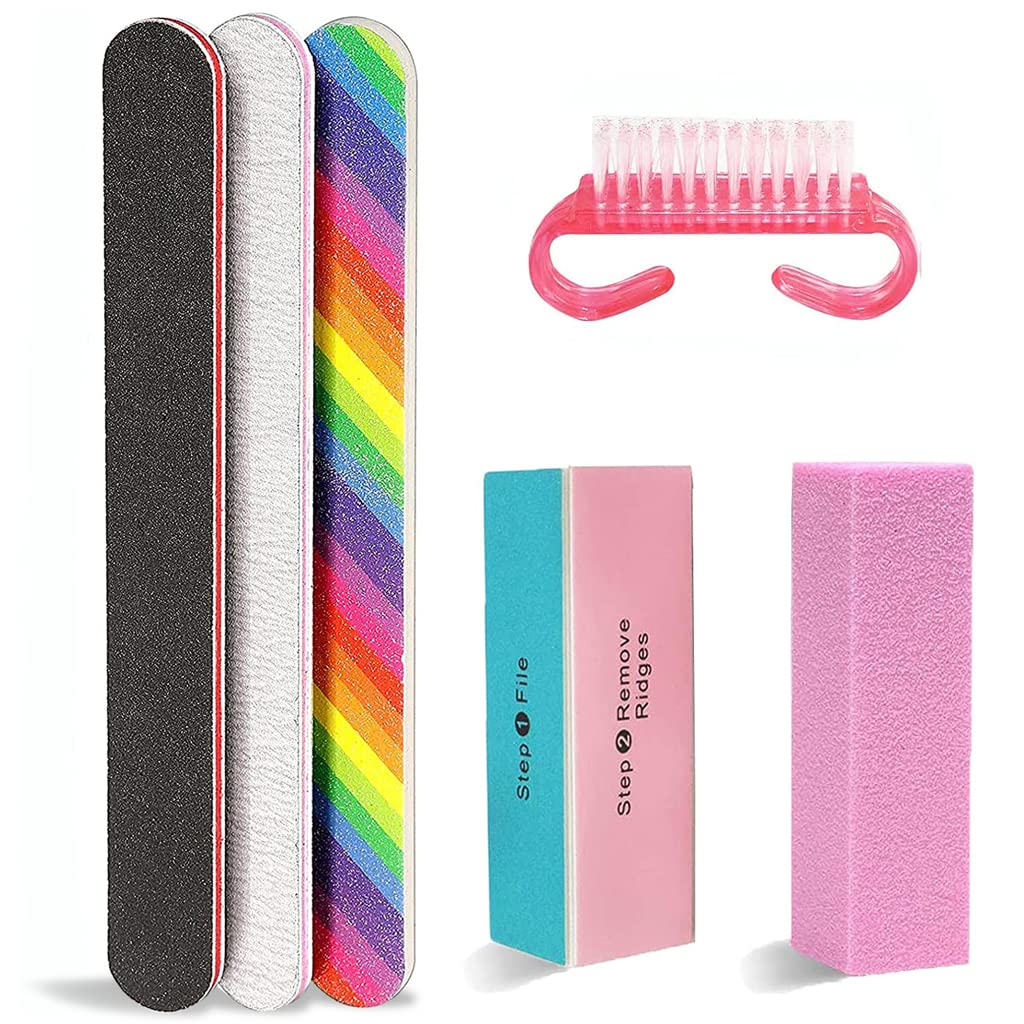 MAYCREATE Nail Files Set for Home and Salon Use with 3 Double Sided 100/180 Grit Tools | Includes 4 Step Buffer Block and Mini Nail Brush