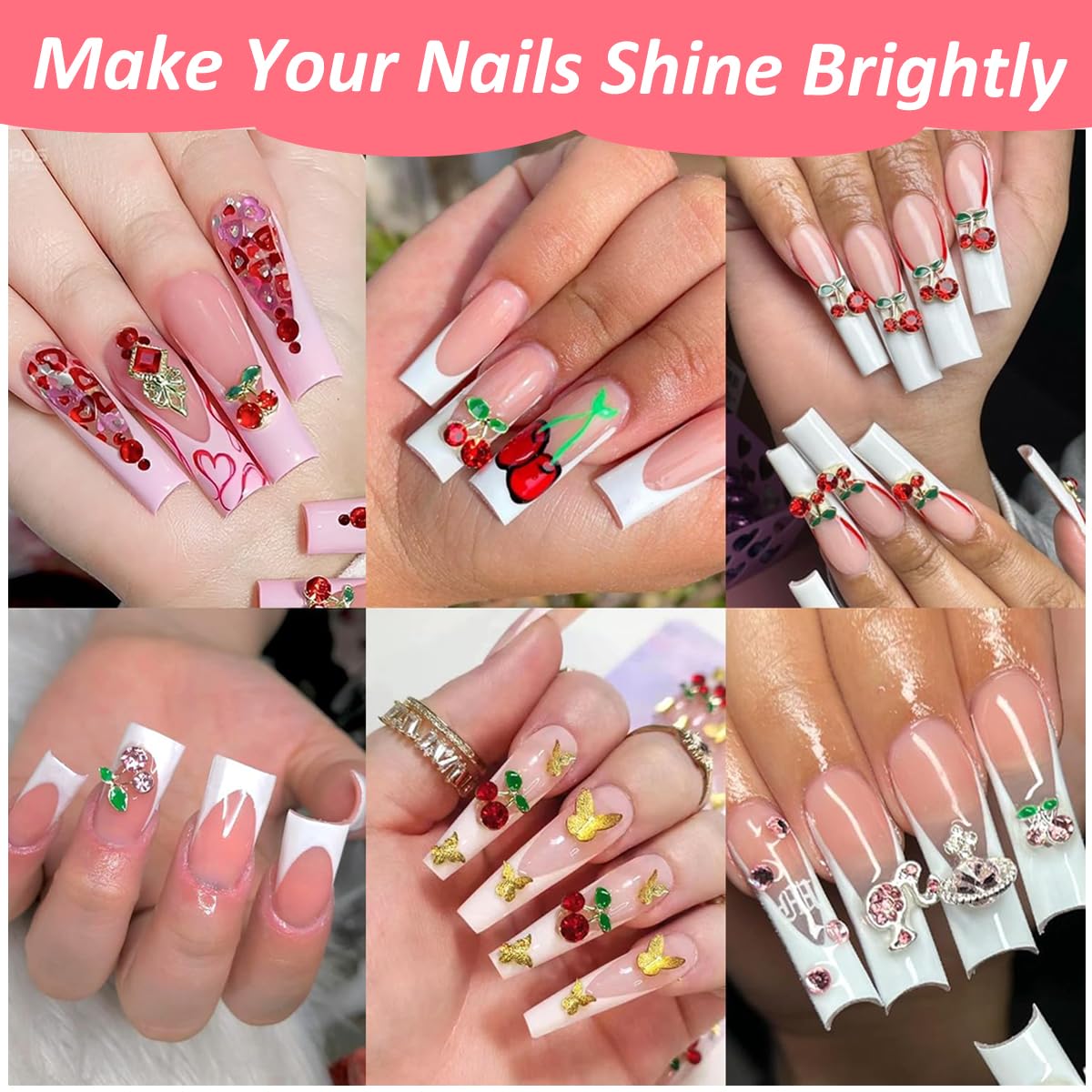 MAYCREATE 50Pcs 3D Cherry Nail Charms, Pink+Red Nail Rhinestones Nail Art Shiny Cute Fruit Luxury Gems, Crystal Diamond Jewels Studs with Rhinestones for Nail Design Nail Art Decoration for Women