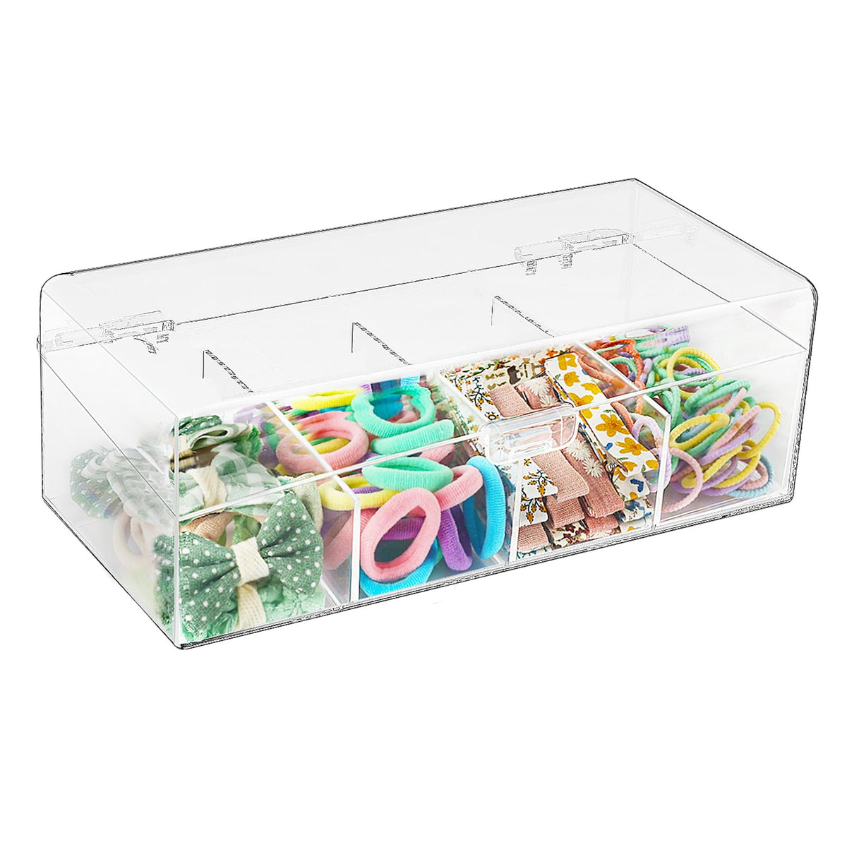 MAYCREATE Hair Accessories Organizer for Girls with Four Compartments and Clear PP Box | Stackable Storage for Vanity and Travel