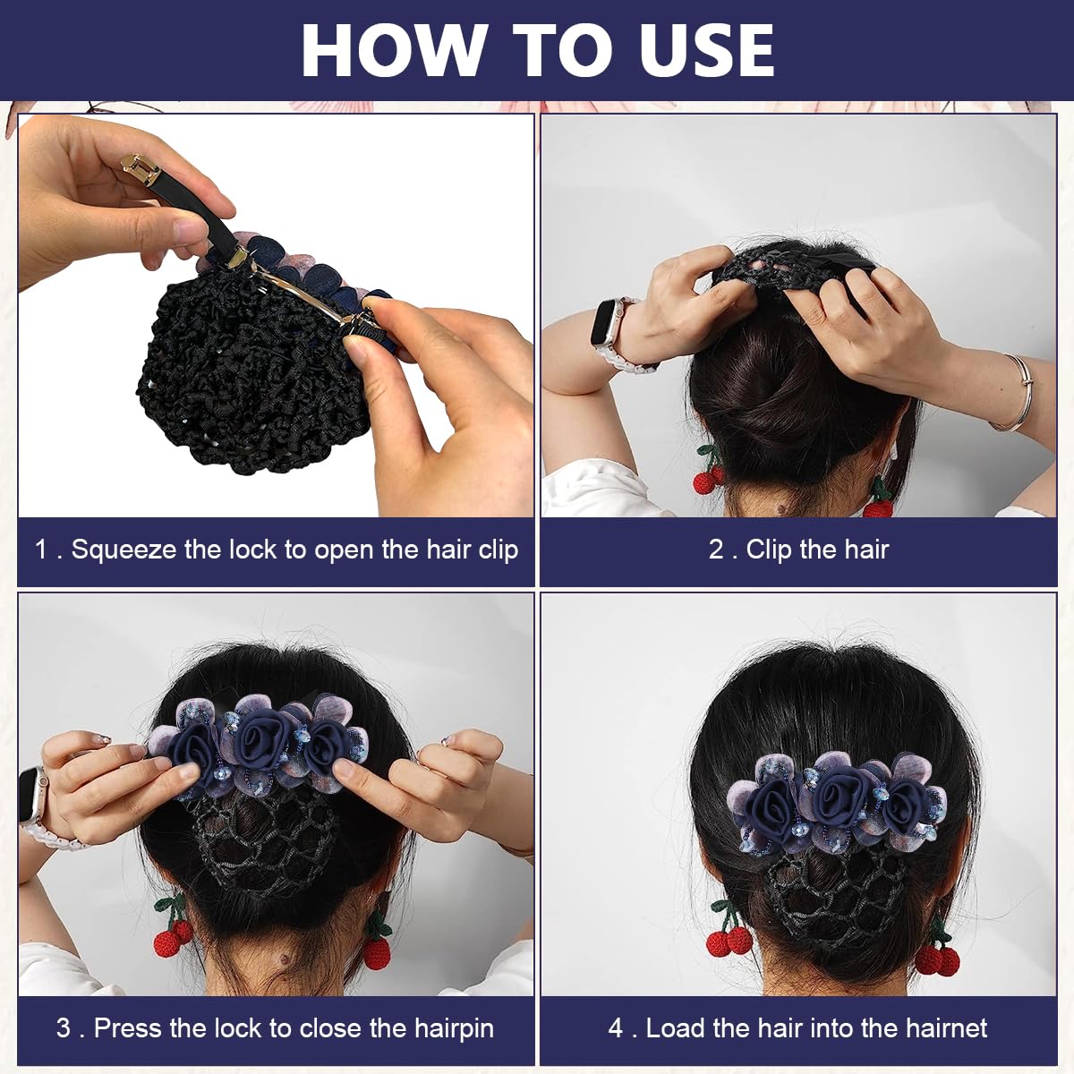 MAYCREATE Floral Hair Snood Net, Barrette Hair Bun Cover, Rhinestone Hair Bun Clips for Women, Lady Hair Bun Accessories Bun Maker Hairnet for Dancer Nurse Work or Daily