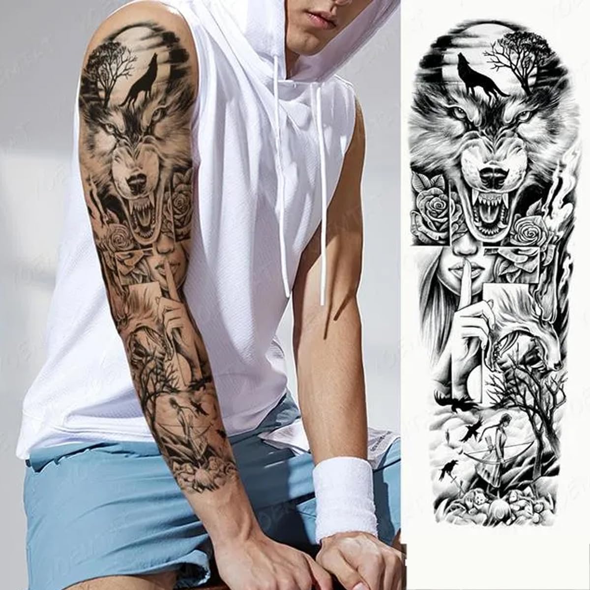 MAYCREATE Temporary Tattoo for Men with 6 Large 48cm x 17cm Sheets | Waterproof & Hypoallergenic