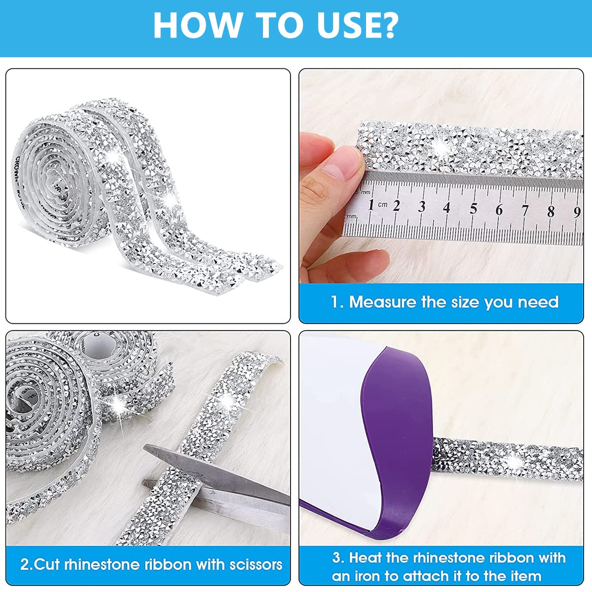 MAYCREATE Self Adhesive Bling Rhinestone Strips for DIY Crafts with 4 Rolls 1 Yard Each | Silver Crystal Ribbon Decoration