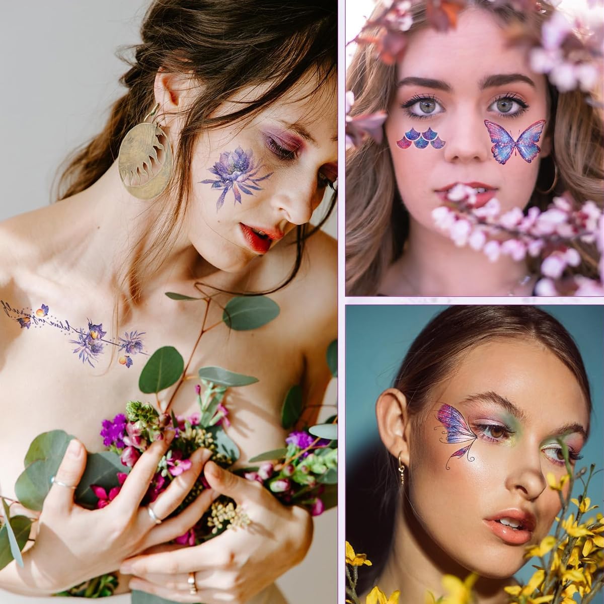 MAYCREATE Butterfly Tattoo Sticker 12 Sheets Kit, Face Mehendi Temporary Tattoos for Women Girls, Aesthetic Glitter Fake Tattoo Stickers for Face Arm Body, Freckle Tattoo Art for Rave Party