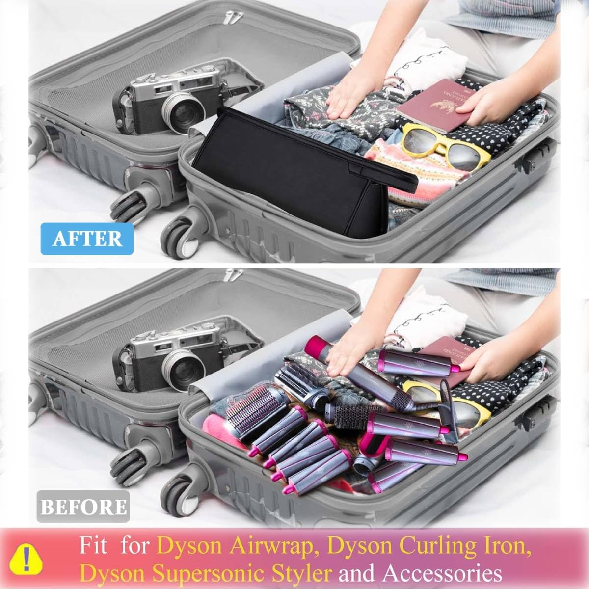 MAYCREATE Travel Case for Airwrap Styler and Supersonic Hair Dryer featuring 39.5×22 cm dual-compartment waterproof PU design | Black