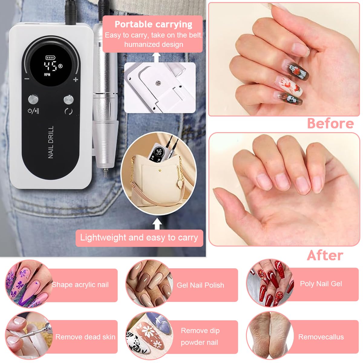 MAYCREATE Cordless Nail File for Acrylic and Gel Nails with 45000RPM Power and LCD Display