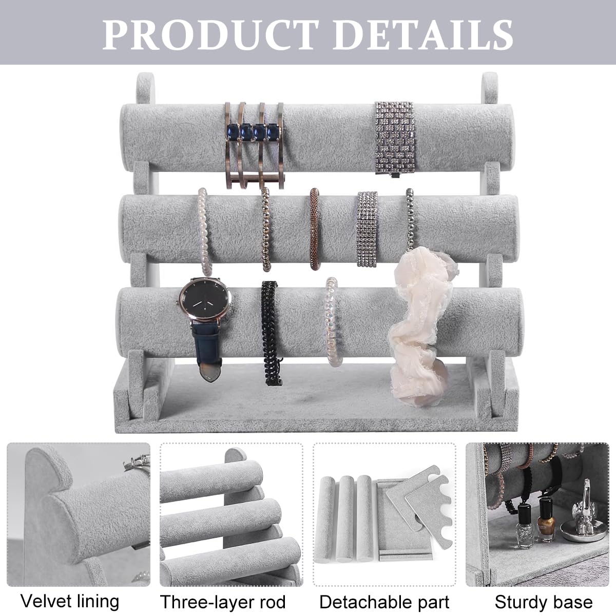 MAYCREATE Bracelet Holder Organizer 3-Tier Jewelry Display Stand for Watch Bangle Bracelet - Detachable Velvet Desk Bracelets Storage Showcase Rack, Grey