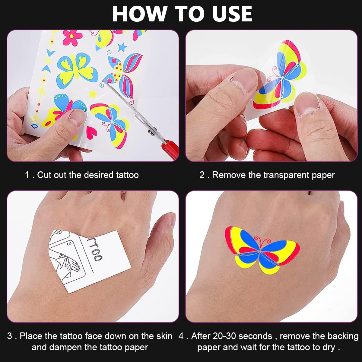 MAYCREATE 10 Sheets Temporary Tattoo Stickers Night Glow in the Dark Sticker, 80+ Styles Waterproof UV Neon Stickers, Body Face Fake Tattoos for Women Men Kids Rave Festival Party