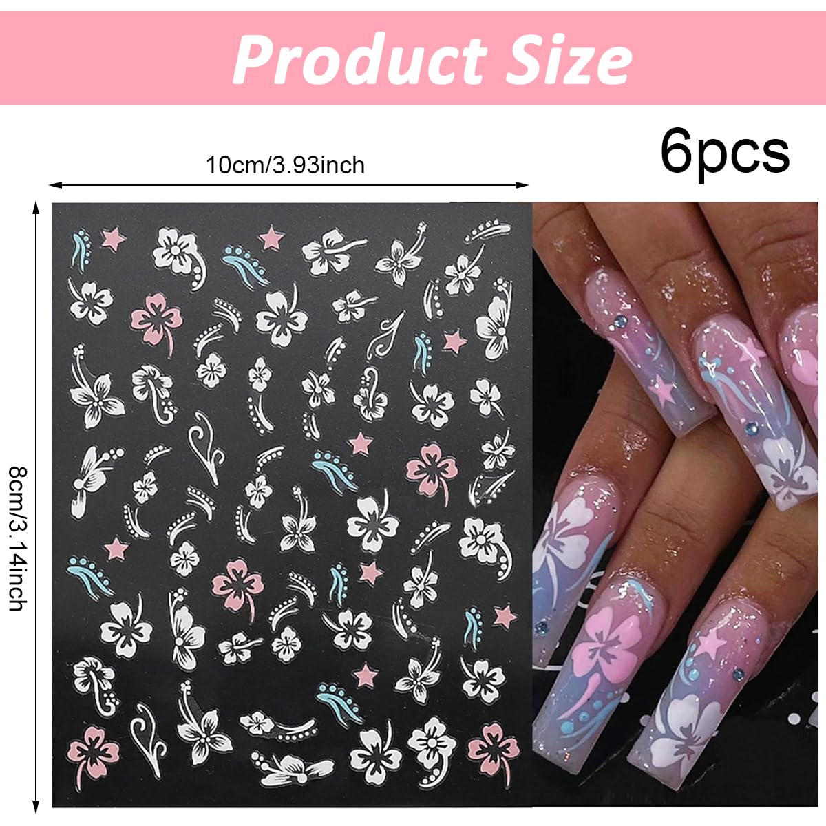 MAYCREATE 6Pcs Hibiscus Flower Nail Stickers, Nail Decals 3D Self-Adhesive Flower Pattern Summer Hibiscus Nail Design French Tip Nail Stickers Summer DIY Nail Decoration for Women