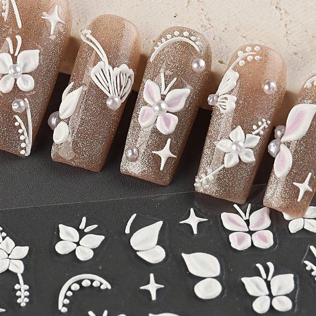 MAYCREATE 5D Embossed White Flowers Nail Stickers for Manicure with Self Adhesive Design | 5Pcs Acrylic Floral Decals