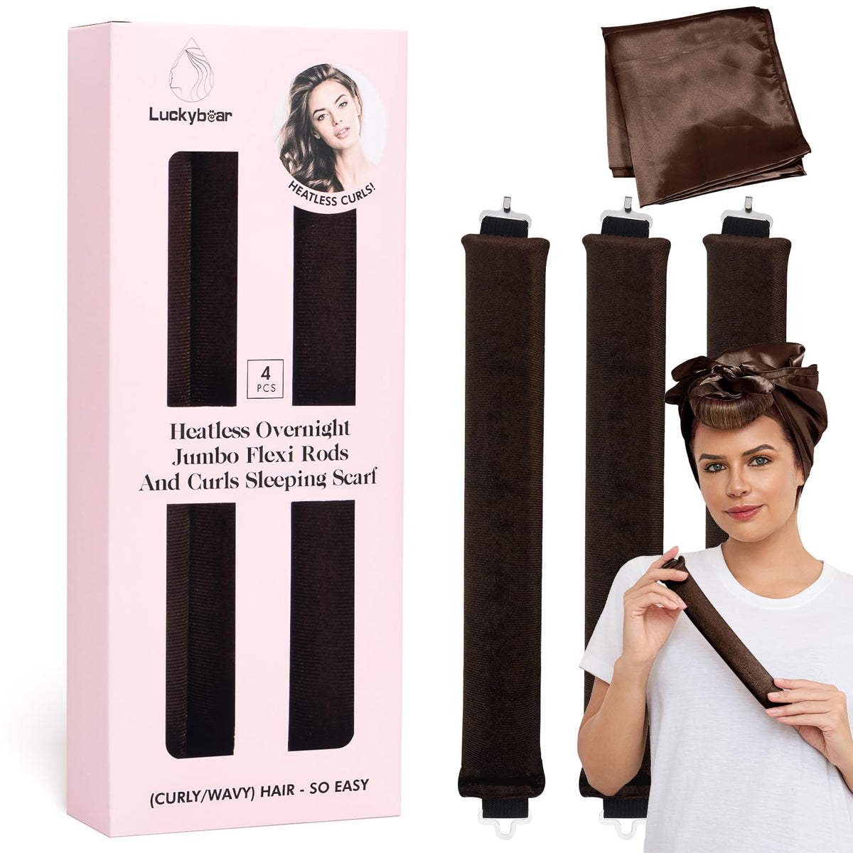 MAYCREATE 3pcs Heatless Overnight Hair Curlers, Hair Curlers to Sleep In Curlers Blowout, No Heat Curling Rods Set for Women with Headscarf and Hook for Long Hair, Brown