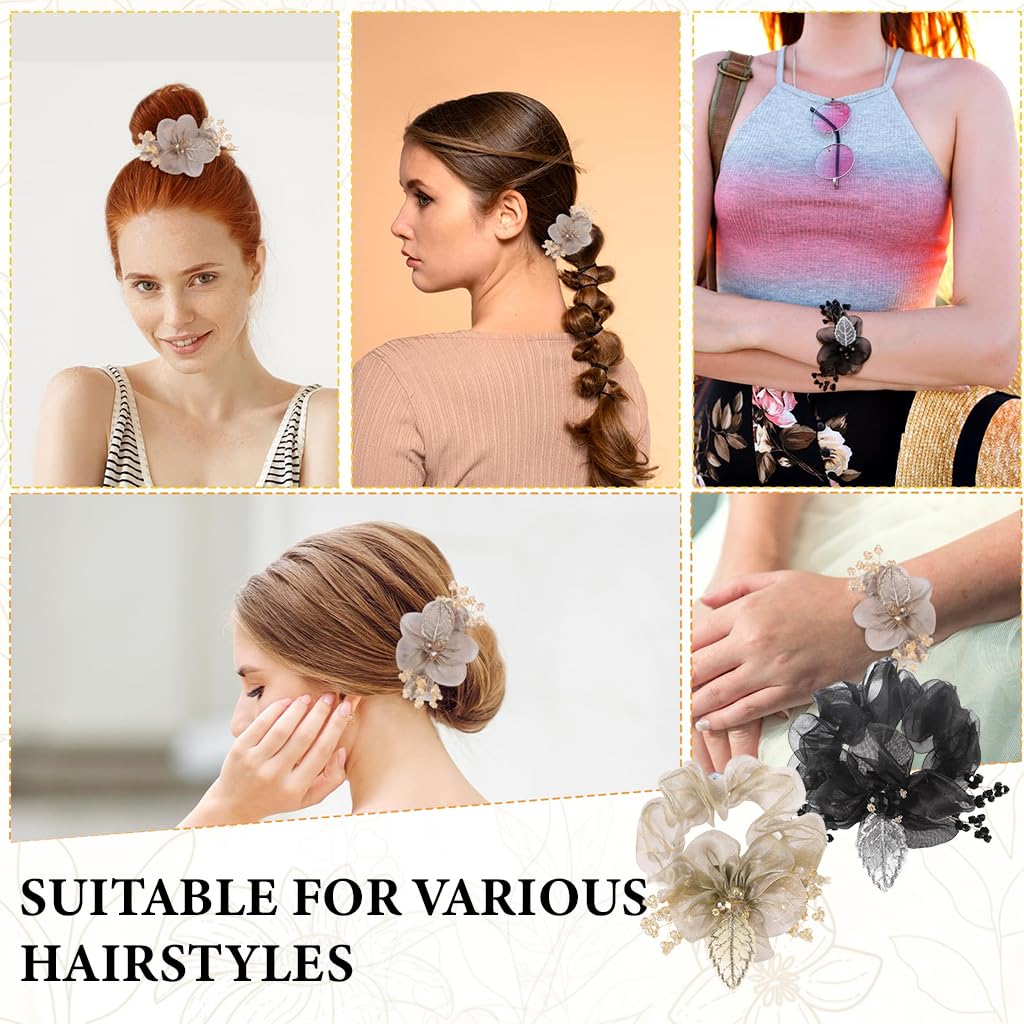 MAYCREATE Scrunchie Hair Bands for Women with Beaded Organza Flowers | 2PCS Black and Golden Rose Set