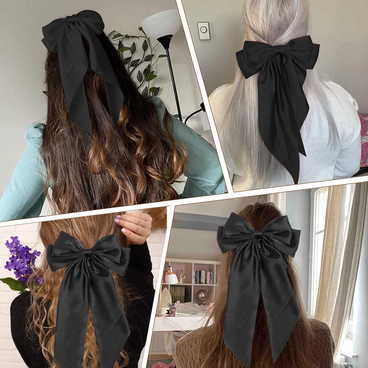 MAYCREATE Large Satin Hair Bows for Women Girls Silk-Like Stylish French Bow Hair Clip Bowknot Hair Barrettes Big Ribbon Bow with Long Tail (Black)