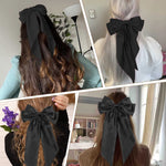 MAYCREATE Large Satin Hair Bows for Women Girls Silk-Like Stylish French Bow Hair Clip Bowknot Hair Barrettes Big Ribbon Bow with Long Tail (Black)