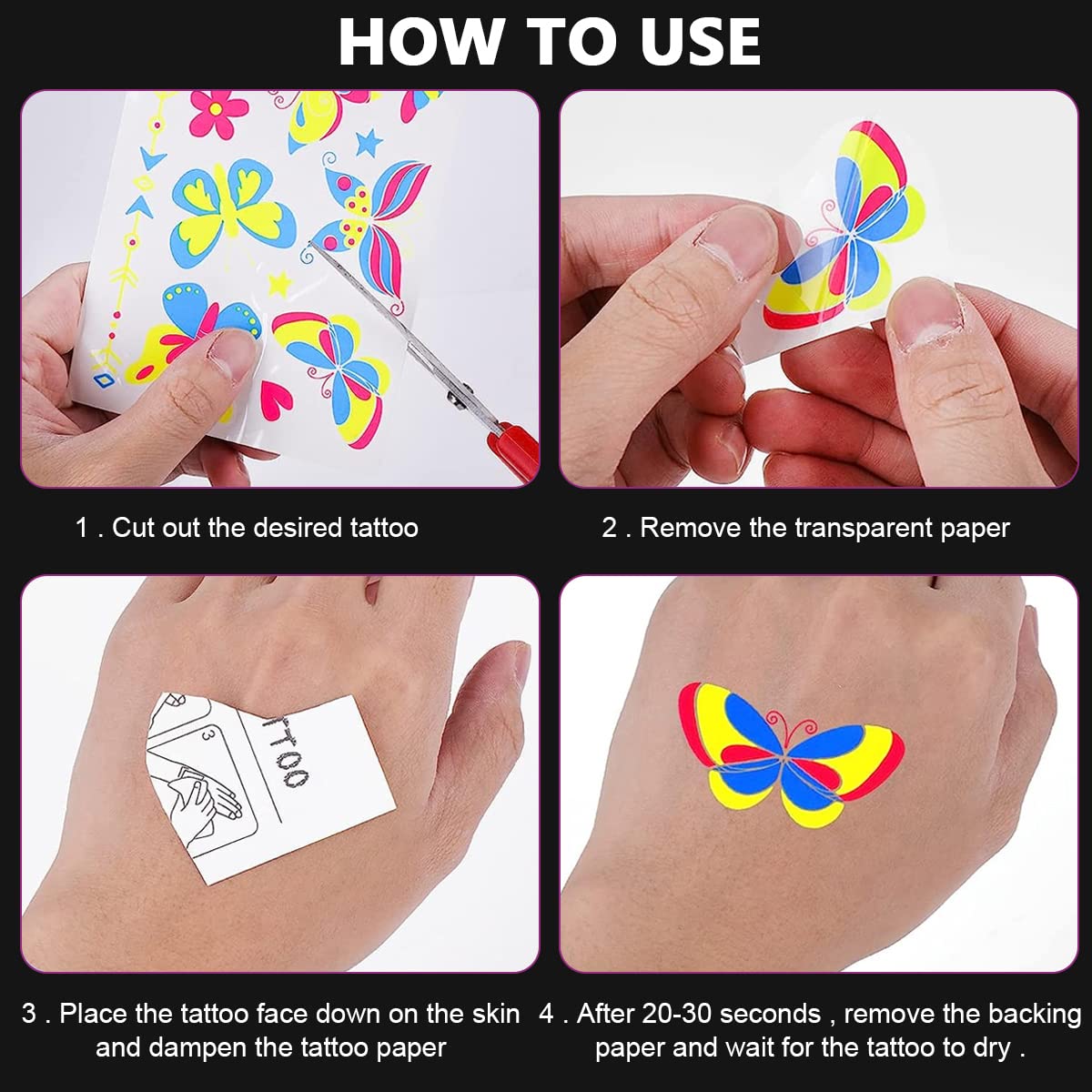 MAYCREATE 10 Sheets Temporary Tattoos Sticker Glow in The Dark Assorted Patterns Fun UV Neon Body Face Fake Tattoos for Women Men Rave Festival Party, Waterproof Multi