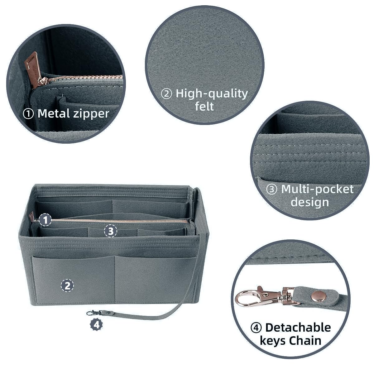 MAYCREATE Women Felt Purse Organizer Insert for Handbag, Felt Bag organizer with zipper for Handbag Tote Bag Storage Purse Divider, Grey