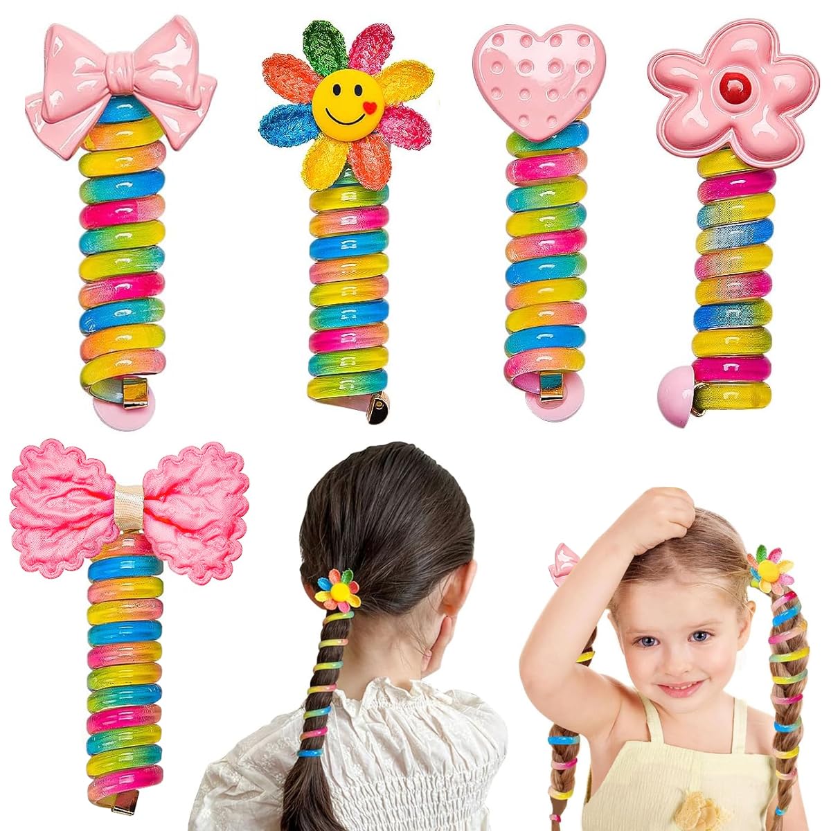 MAYCREATE 5pcs Telephone Wire Hair Band for Kids Girls, Elastic Spiral Hair Ties for Girls, Cartoon Cute Braids Ponytail Holder Maker Hair Accessories for Girls Children Gifts