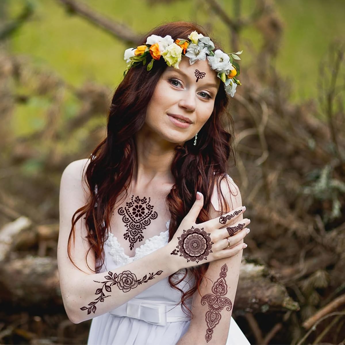 MAYCREATE Henna Temporary Tattoo Stickers for Women featuring 8 Sheets Waterproof Brown Designs | Safe Non Toxic Body Art for Festivals and Parties