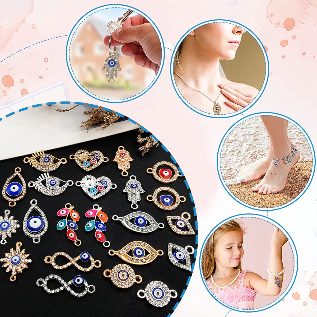 MAYCREATE Evil Eye Charms for DIY Jewelry Making with Dual Hole Design | 22pcs Zinc Alloy Pendants