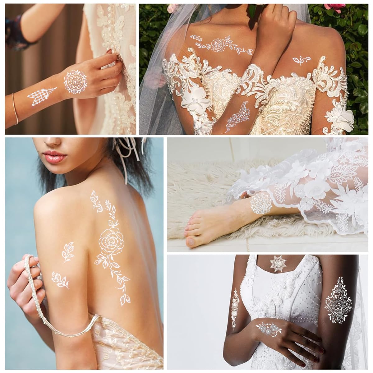 MAYCREATE White Hand Tattoo Stickers for Weddings and Festivals featuring 10 Sheets | Waterproof Temporary Henna for Women and Girls
