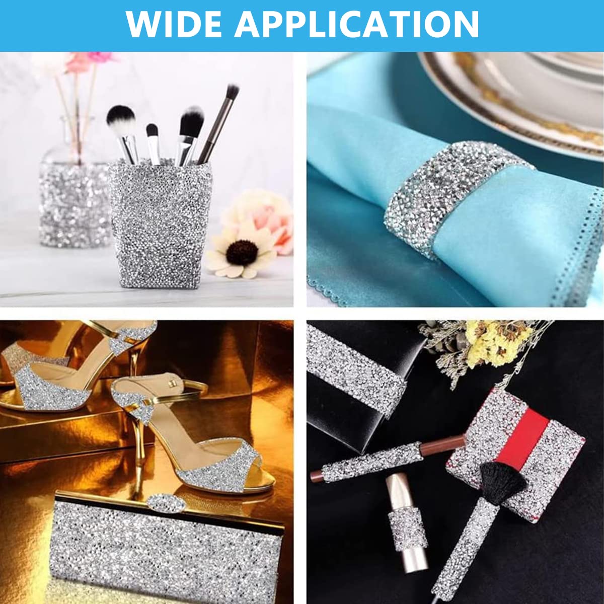 MAYCREATE Self Adhesive Bling Rhinestone Strips for DIY Crafts with 4 Rolls 1 Yard Each | Silver Crystal Ribbon Decoration