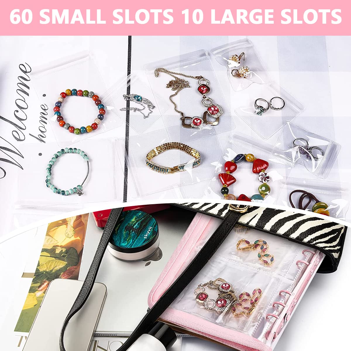 MAYCREATE Transparent Jewelry Storage Book, Anti Oxidation Jewelry Storage Organizer Bag with 60 Pockets for Bracelets Necklace Rings, Pink