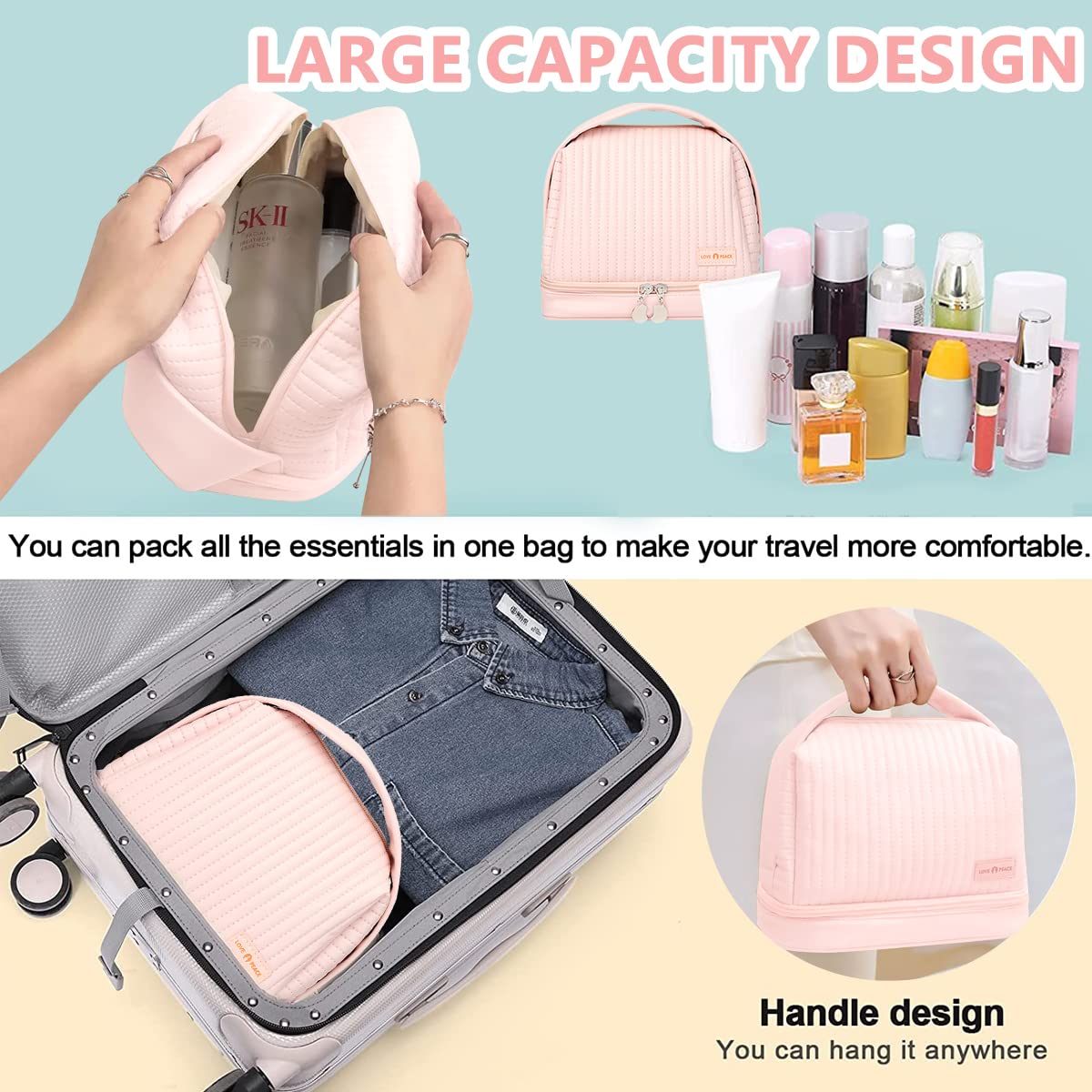 MAYCREATE Large Capacity Cosmetic Travel Bag, Cute Cosmetic Organizer Bag, Makeup Pouch for Women, Portable Dry Wet Separation wash Bag, Pink