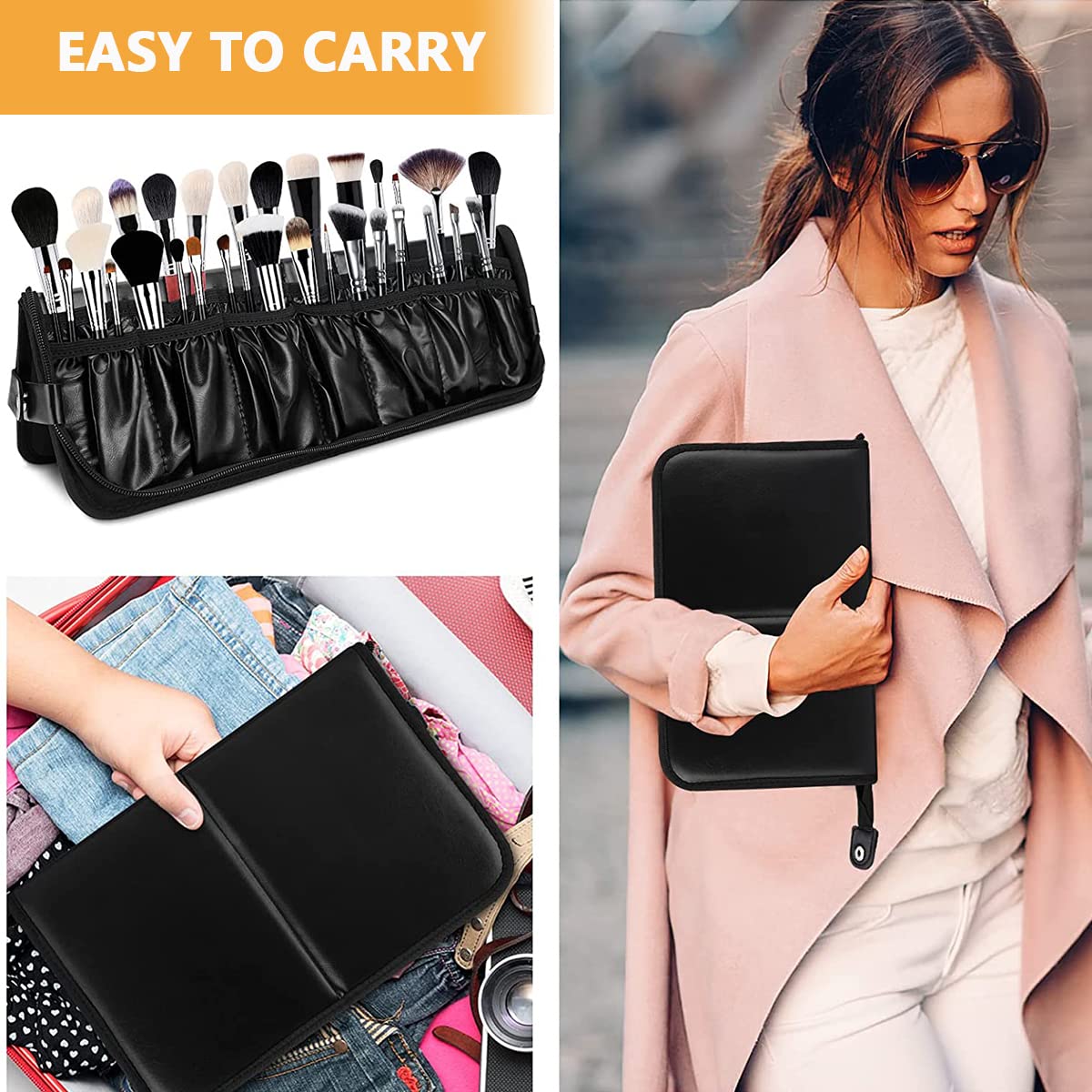 MAYCREATE Makeup Brush Holder Bag for Travel with 29 Elastic Sleeves and Full Open Zipper Design | PU Case Storage Organizer