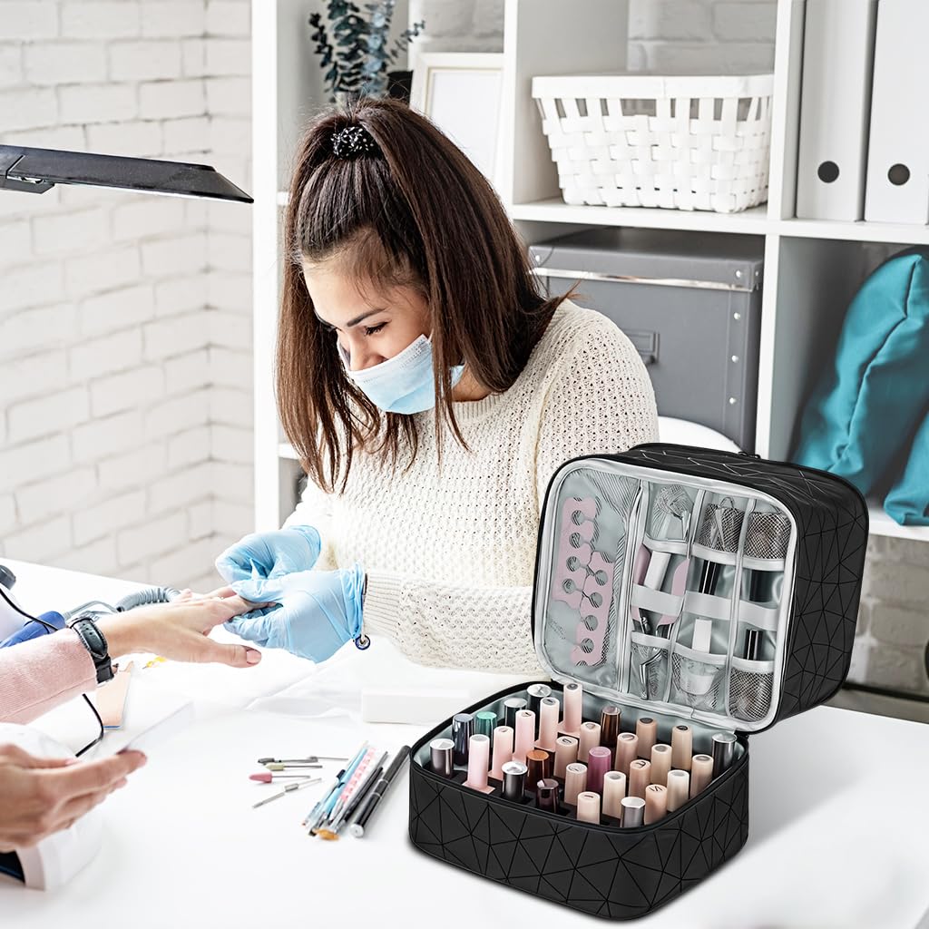 MAYCREATE Travel Nail Polish Organizer Bag for 30 Bottles with Double Layer PU Design | Portable Cosmetic Storage for Travel