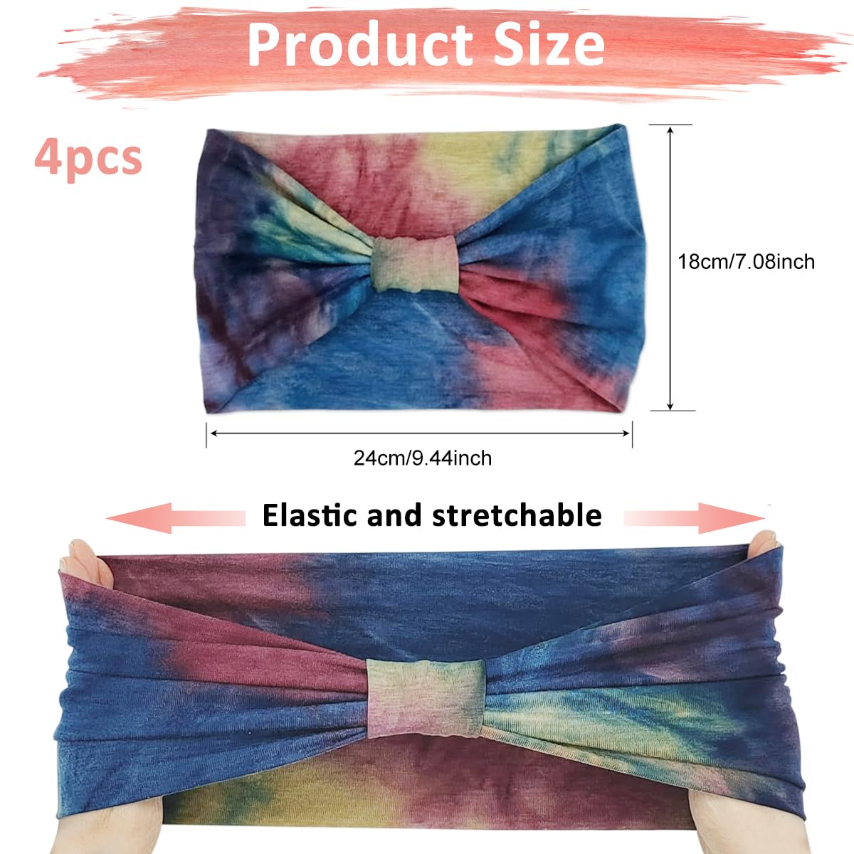 MAYCREATE 4 Pack Wide Headband for Women, Stretchy Knotted Head Bands for Women, Polyester Tie-dye Print Hairband for Women Ladies, Stylish Hair Bands Yoga Sweatband Sports Head Wraps